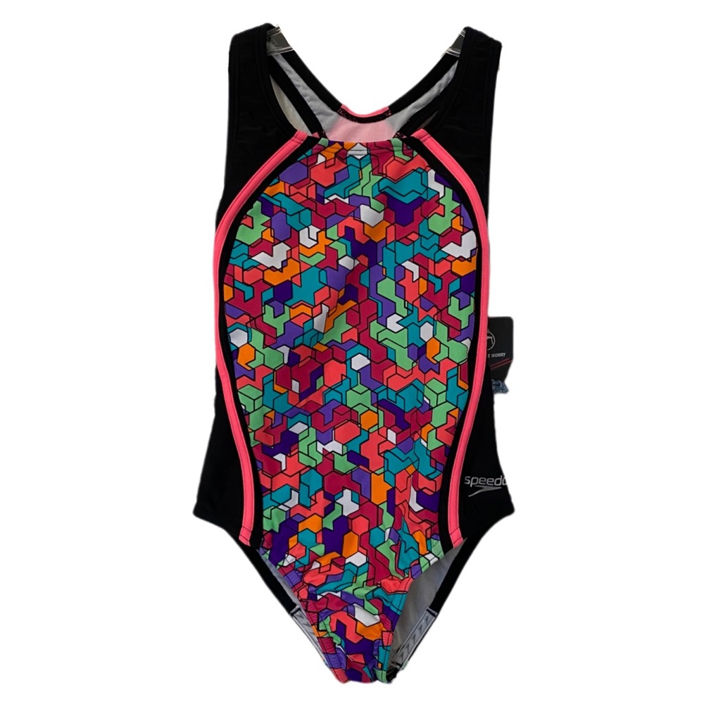 Speedo No Wedgie Worry Swimsuit Girls Size 8 Rainbow Brights